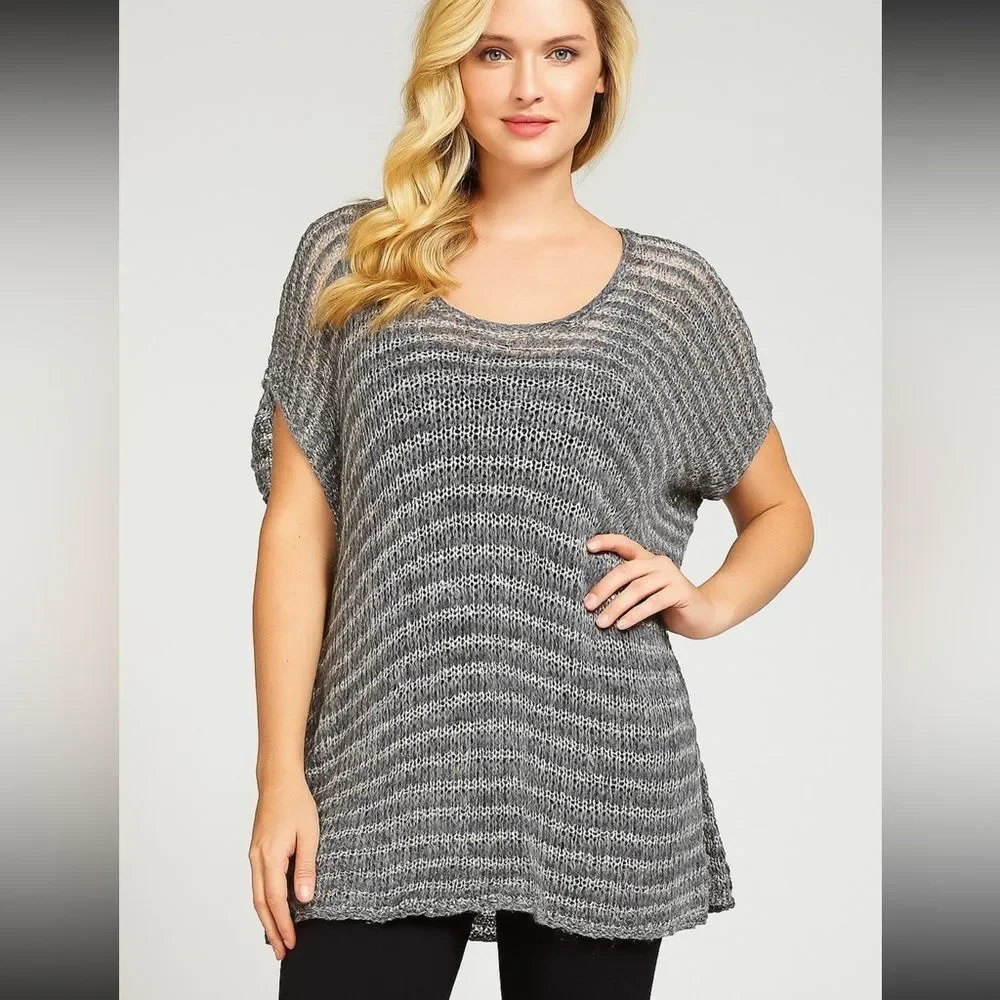 Eileen Fisher Top Size L Gray Linen Open Knit Lagenlook artsy Quit Luxury